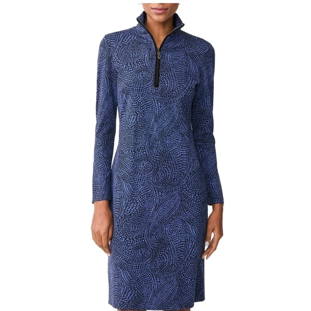 J. McLaughlin Bedford Dress Blue Geometric 1/4 Zip Stretch Long Slv Sz L READ